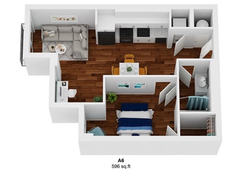 a stylized floor plan with a bedroom and living room